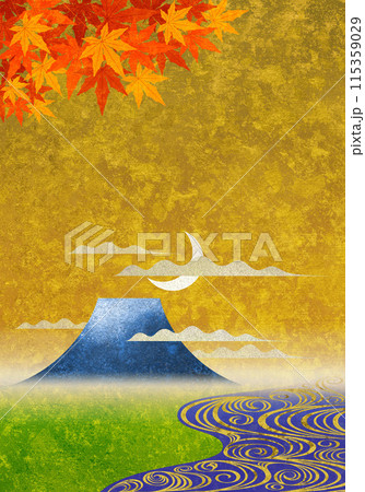流水と紅葉と富士山、三日月が昇る黄金色のテクスチャー 流水と紅葉と富士山、三日月が昇る黄金色のテクスチャー 115359029