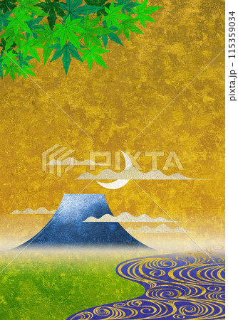流水ともみじと富士山、三日月が昇る黄金色のテクスチャー 115359034