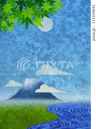 流水ともみじと富士山、陽が昇る青空和紙のテクスチャー 115359041