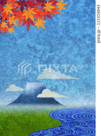 流水と紅葉と富士山、青空和紙のテクスチャー 115359043
