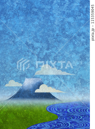 流水と富士山、青空和紙のテクスチャー 115359045