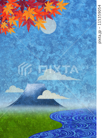 流水と紅葉と富士山、陽が昇る青空和紙のテクスチャー 115359054