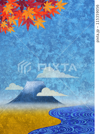 流水と紅葉と富士山、青空と実りの大地のテクスチャー 115359056