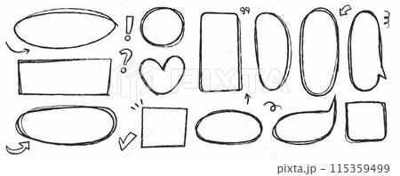 Set of highlight pen line elements. Black pencil brush. Marker round and elipse and scribble heart and speech bubble. Doodle square frame. Vector png illustration Set of highlight pen line elements. Black pencil brush. Marker round and elipse and scribble heart and speech bubble. Doodle square frame. Vector png illustration 115359499