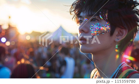 male model looking out over the summer music festival, with a sparkling, glitter crystal face paint male model looking out over the summer music festival, with a sparkling, glitter crystal face paint 115359780