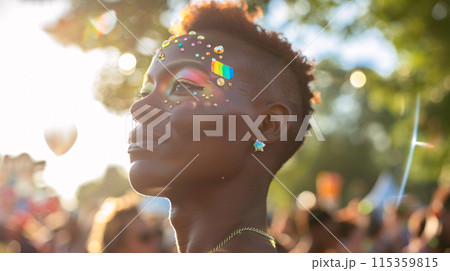 queer model looking out over the summer music festival, with a sparkling, glitter crystal face paint 115359815