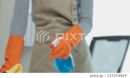 Woman cleaning table using rag and diffuser at home. 115359924