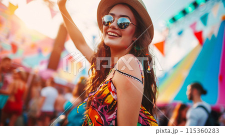 summer festival-goer in a vibrant outfit, standing against the backdrop of the festival 115360283