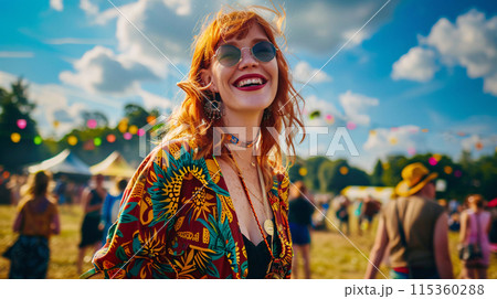 summer festival-goer in a vibrant outfit, standing against the backdrop of the festival 115360288