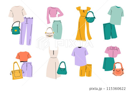 Stylish outfits set. Fashionable trendy clothes for women, elegant casual and formal wear with accessories. Vector isolated collection. Stylish outfits set. Fashionable trendy clothes for women, elegant casual and formal wear with accessories. Vector isolated collection. 115360622