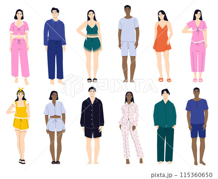 People in pajamas. Cartoon characters in nightwear, cute male and female in pajamas, couple in bedclothes having fun together. Vector isolated set. People in pajamas. Cartoon characters in nightwear, cute male and female in pajamas, couple in bedclothes having fun together. Vector isolated set. 115360650