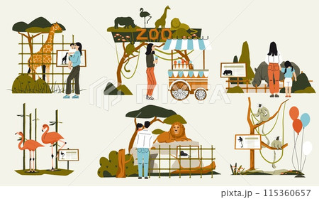 People in zoo. Cartoon zoo characters, visitors looking at animals in cages, wildlife park with different animals and birds. Vector illustration 115360657