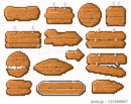 Wooden pixel signs. Retro 8 bit video game board frame, vintage blank banner panel, pixelated wooden panel and signpost. Vector isolated set. 115360667
