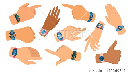 Smart watch on hands. Modern smartwatch on man wrist, wearable technology concept, person wearing smart watch with app interface. Vector illustration. 115360741
