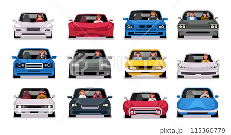 People in cars front view. Cartoon characters ride in different cars, family trip, man and woman driving in car, flat car transportation illustration 115360779