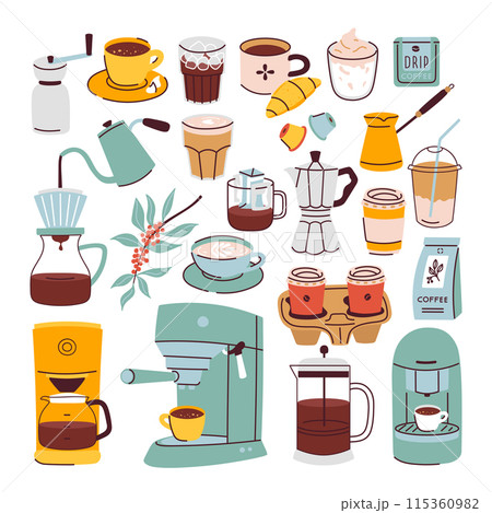 Hot and cold different types of coffee drinks set Hot and cold different types of coffee drinks set 115360982