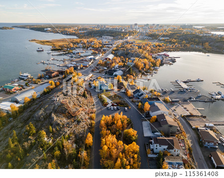 Aerial view of Yellowknife Bay and Old Town in Autumn. Yellowknife, Great Slave Lake, Northwest Territories, Canada. 115361408