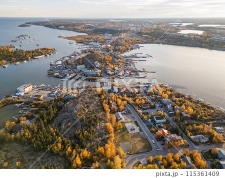 Aerial view of Yellowknife Bay and Old Town in Autumn. Yellowknife, Great Slave Lake, Northwest Territories, Canada. 115361409