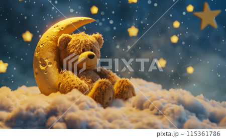 Adorable Teddy Bear On The Moon With Tiny Stars:  Illustration Showing A Cute Bear In Space And Celestial Elements. Adorable Teddy Bear On The Moon With Tiny Stars:  Illustration Showing A Cute Bear In Space And Celestial Elements. 115361786