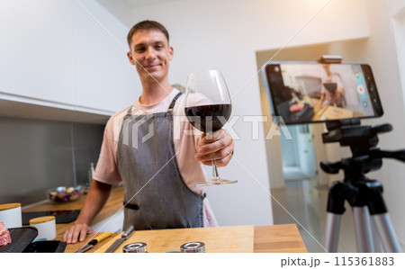 The chef is broadcasting live from workshop how to prepare a beef steaks on the electric grill 115361883