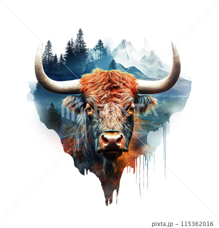 Double exposure bull head profile photography on white background. Wildlife Animals. 115362016