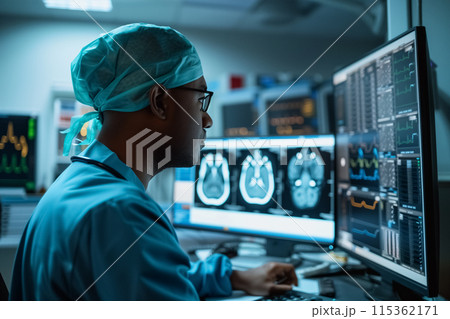 Male radiologist analysing the MRI image of the brain of a patient. Generative AI. 115362171