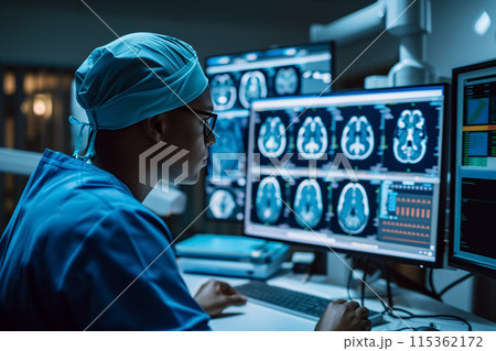 Male radiologist analysing the MRI image of the brain of a patient. Generative AI. Male radiologist analysing the MRI image of the brain of a patient. Generative AI. 115362172