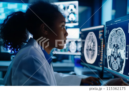 Female radiologist analysing the MRI image of the brain of a patient. Generative AI. Female radiologist analysing the MRI image of the brain of a patient. Generative AI. 115362175