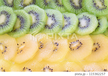 グリーンキウイとゴールドキウイの輪切り横に2列ずつ並べる 115362257