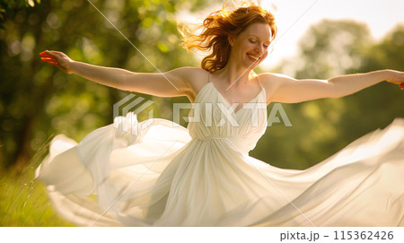a woman in a crisp white summer dress, twirling gracefully with a radiant smile, her arms outstretched as if embracing the warmth of the sun a woman in a crisp white summer dress, twirling gracefully with a radiant smile, her arms outstretched as if embracing the warmth of the sun 115362426
