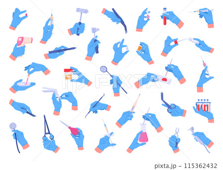 Cartoon doctors hands. Surgeon, therapist and dentist hands in rubber gloves, medical worker hands holding syringe, blood test tube flat vector illustration set. Medical tools in doctors hands 115362432