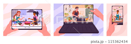 Cooking online show. Food preparing video live stream, people cooking food online, man and woman cooking at home on gadget screen flat vector illustration set. Culinary tutorial scenes Cooking online show. Food preparing video live stream, people cooking food online, man and woman cooking at home on gadget screen flat vector illustration set. Culinary tutorial scenes 115362434
