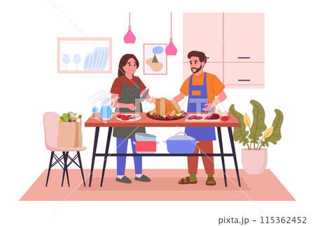 Food preparation at home. Cooking family, woman and man cooking together flat vector illustration. Home cooking scene 115362452