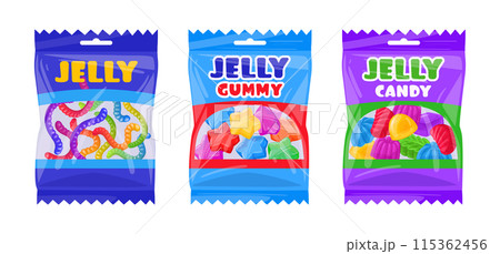 Gummy chewy jelly candies bags. Chewy jelly candy sweets with fruit flavor flat vector illustration set. Fruity gummy packages Gummy chewy jelly candies bags. Chewy jelly candy sweets with fruit flavor flat vector illustration set. Fruity gummy packages 115362456