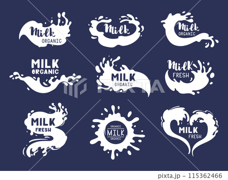 Milk flows logos. White milk splash labels, dairy product splash drops with lettering flat vector illustration set. Milky splashes collection Milk flows logos. White milk splash labels, dairy product splash drops with lettering flat vector illustration set. Milky splashes collection 115362466