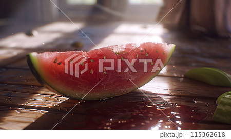 a slice of juicy watermelon, dripping with red and pink hues, resting on a rustic wooden table 115362618