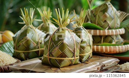 Traditional rice dumplings wrapped in banana leaves. 115362845