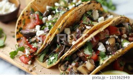 Vegetarian Tacos with Grilled Vegetables and Feta Cheese 115362949