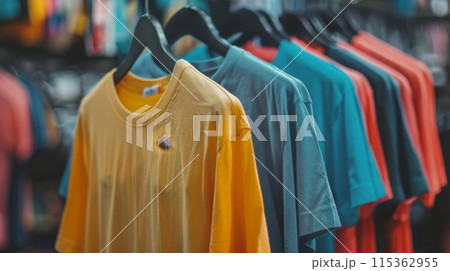 Colorful Casual T-Shirts on Retail Display Rack 115362955