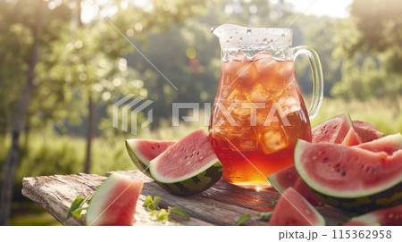 Summer Refreshment with Iced Tea and Watermelon Slices. Watermelon Sweet Tea 115362958