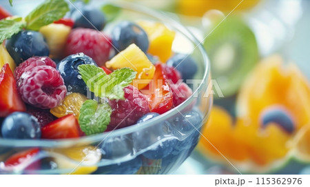 Fresh Fruit Salad Bowl with Mint Garnish 115362976