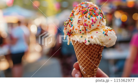 Colorful Sprinkles on Vanilla Ice Cream Cone at Street Fair. National Ice Cream Day 115362977