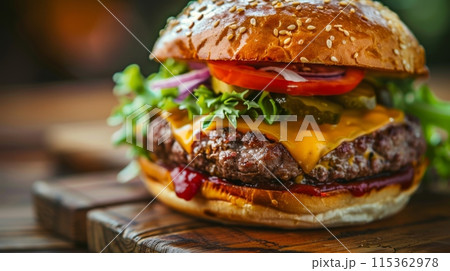 Gourmet Cheeseburger with Fresh Toppings on Wooden Board 115362978