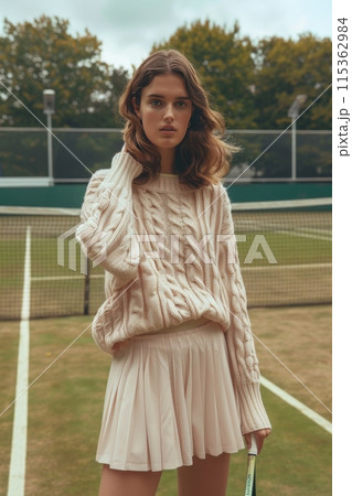 Fashionable Woman in Sweater and Skirt on Tennis Court 115362984