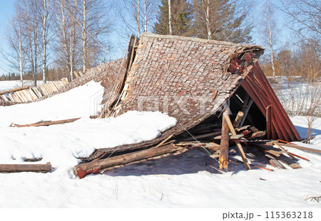 Collapsed structure destroyed by snowfall in Finland 115363218