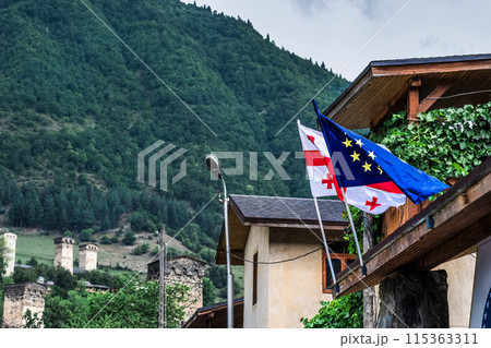 Georgian and EU flags in Mestia 115363311