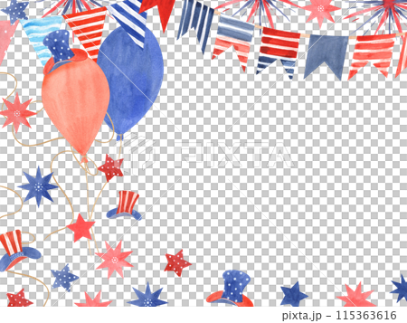 Balloons with Uncle Sam hats, stars and garland of flags in red blue colors. Celebration horizontal frame with national symbols. Watercolor illustration. Happy 4th of July. Empty for text 115363616
