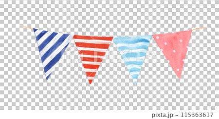 Flags hanging on rope. Flag garland in national red blue colors. Small flags in horizontal and vertical stripes. Happy 4th of July. Watercolor illustration. As template for frame, greeting 115363617
