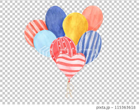 Funny colored balloons with various stripes, dots. Bunch of balloons on rope. Round, oval and heart shapes. Watercolor illustration. Happy 4th of July. Celebration template for postcard. 115363618