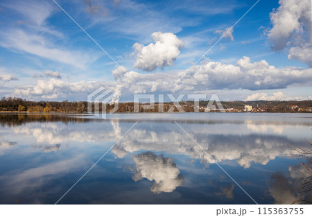 Factory steam with clouds - lake reflection landscape, Temelin power plant, Hluboka nad Vltavou, Czech Reublic 115363755